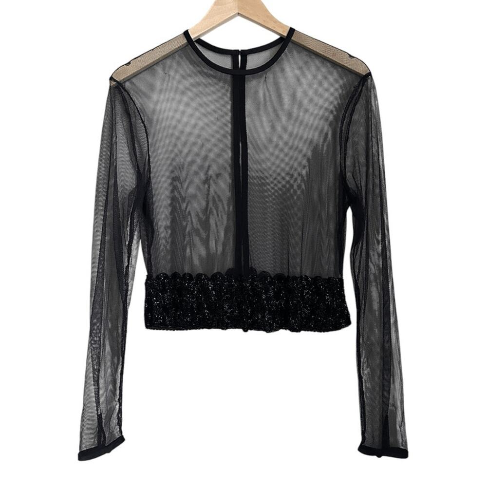 Vintage Black Beaded Mesh Sheer Evening Jacket Long Sleeve Hook & Eye Closure